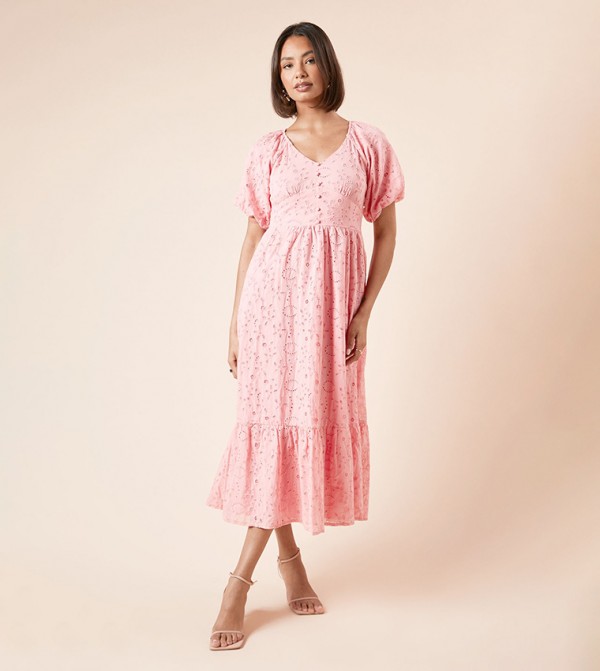 Embroidered V-Neck Midi Dress