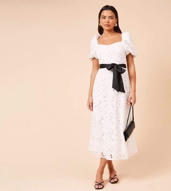 Dp Luxe Cut-Work Lace Contrast Belt Midi Dress
