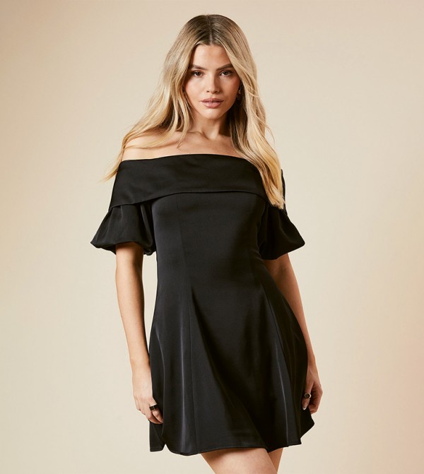 Bardot Seamed Puff Sleeves Mini Dress