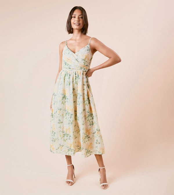 Floral Broderie Ball Strap Detail Wrap Midi Dress
