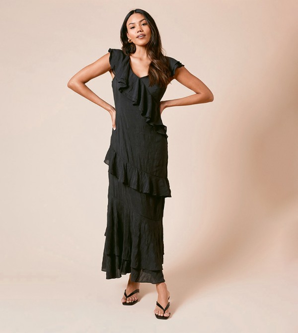 Textured Sleeveless Ruffle Maxi Dress