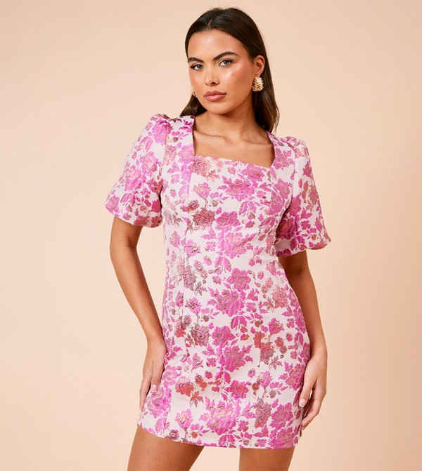Floral Jacquard Square Neck Mini Dress