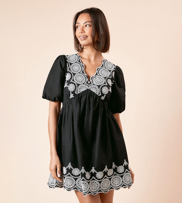 Mono Embroidered Short Sleeves Mini Dress