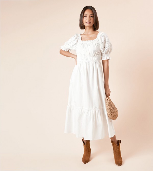 Cut-Out Work Short Sleeves Poplin Midi Dress