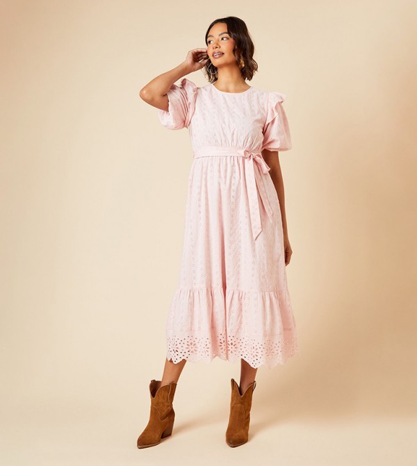 Belted Puff Sleeves Midi Dress