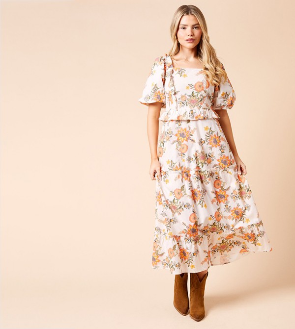 Floral Print Ruffle Square Neck Midi Dress