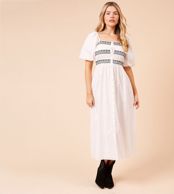 Embroidered Button Through Poplin Midi Dress