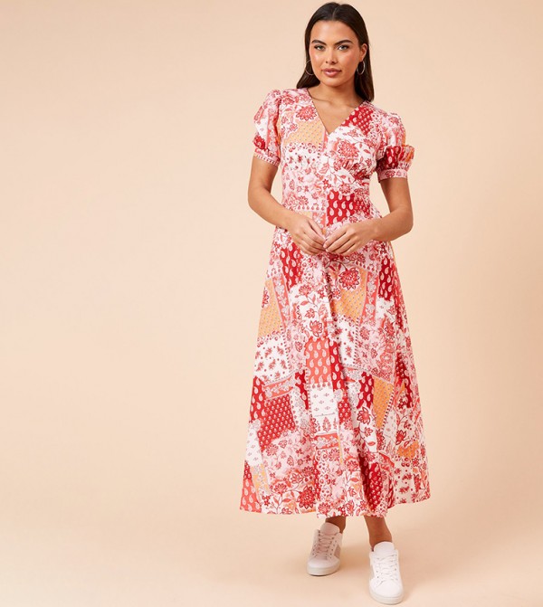 Printed Dropped Waist Poplin Short Sleeves Midi Dress