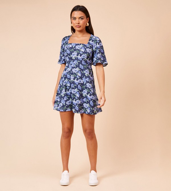Floral Printed Flared Sleeves Mini Dress