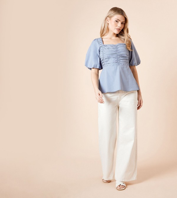 Poplin Puff Sleeves Ruched Bodice Top