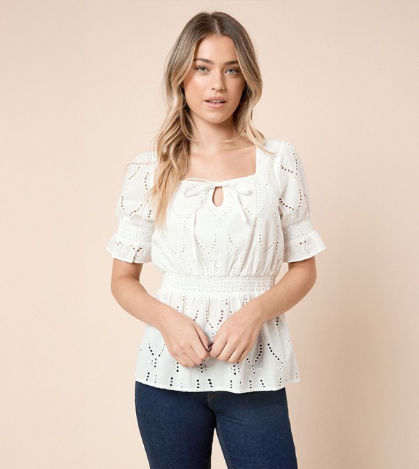 Broderie Shirred Hem Tie Front Top