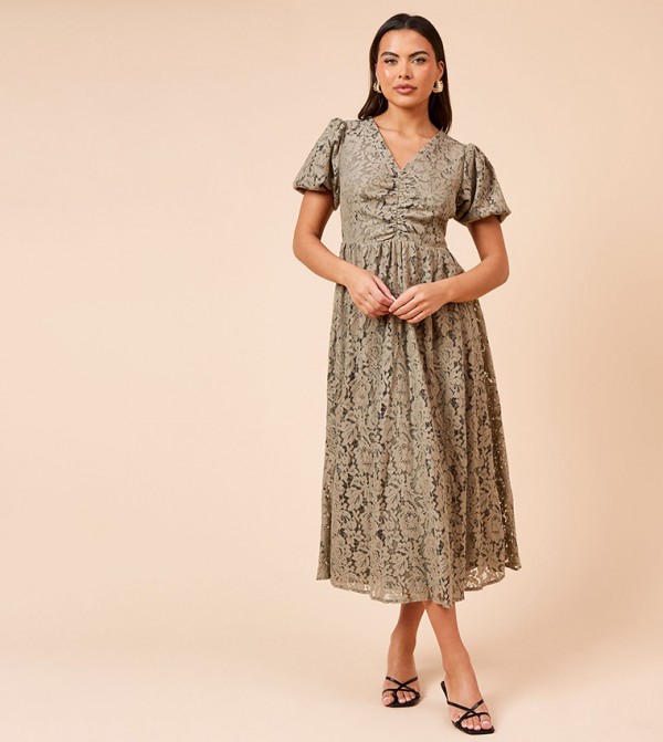 Lace Ruched Front Short Sleeves Midi Dress