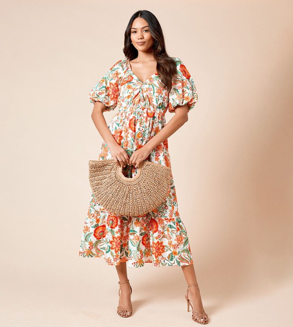 Floral Print Printed Poplin Twist Front Midi Dress