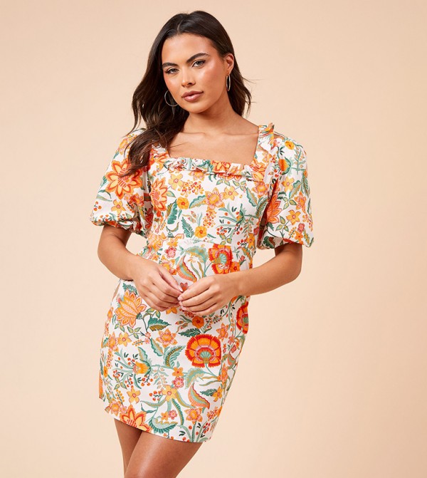 Floral Print Square Neck Mini Dress