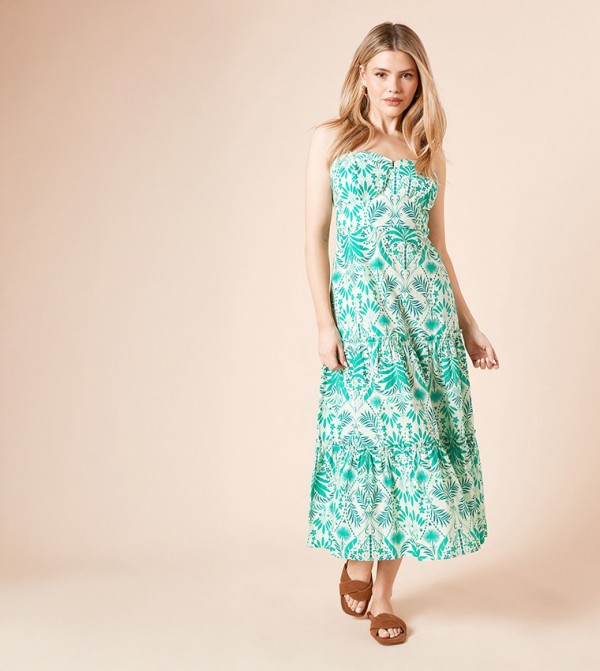 Palm Printed Twist Detail Strappy Tiered Midi Dress