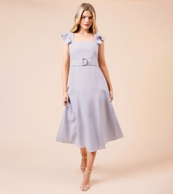 Linen Belted Flutter Sleeves Midi Dress