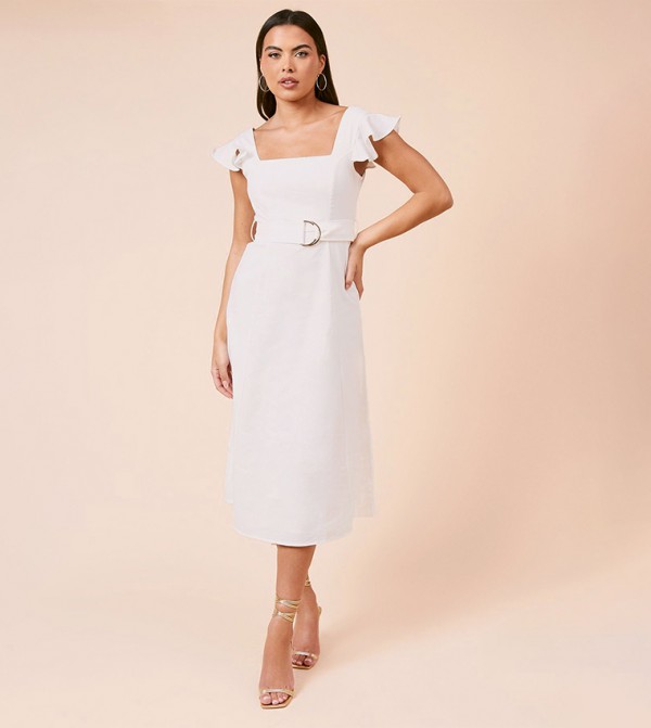 Linen Belted Flutter Sleeves Midi Dress