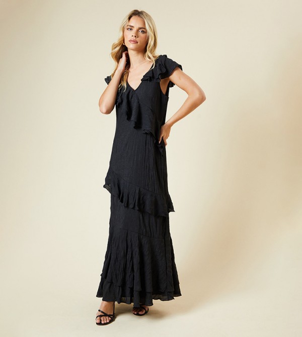 Petite Textured Sleeveless Ruffle Maxi Dress