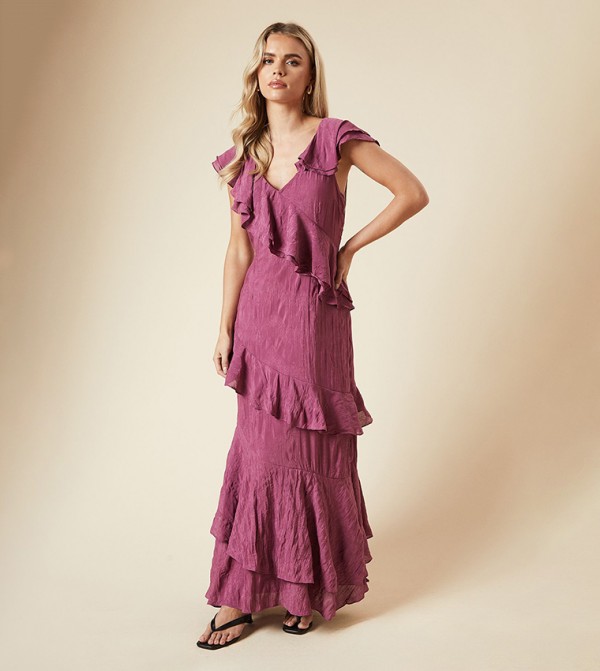 Petite Textured Sleeveless Ruffle Maxi Dress