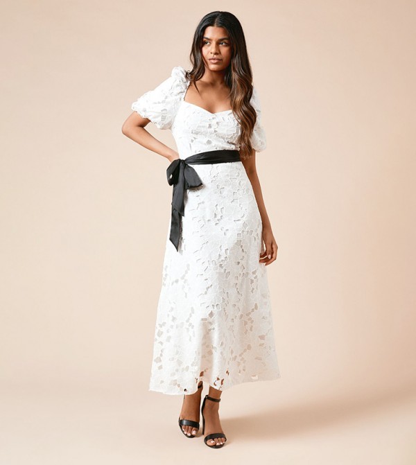 Petite DP Luxe Cutwork Lace Contrast Belt Midi Dress