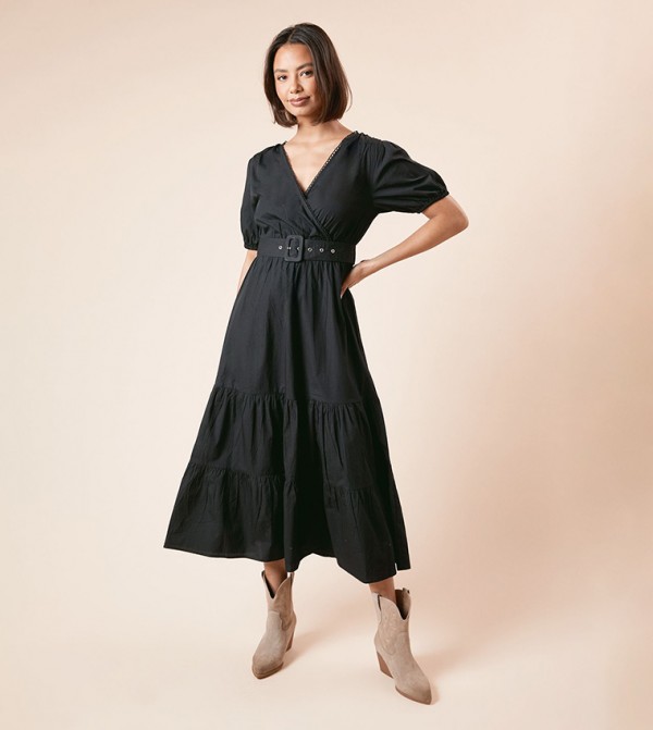 Short Sleeves Belted Poplin Midi Dress