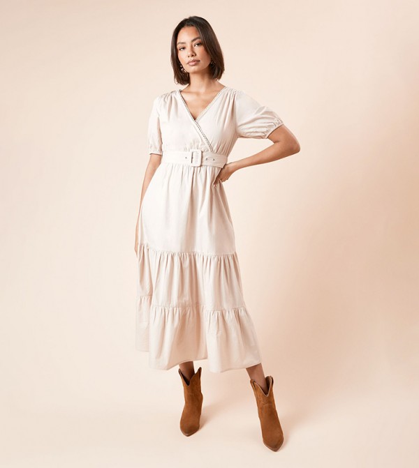 Belted Short Sleeves Poplin Midi Dress