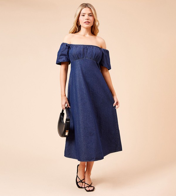Chambray Off Shoulder Denim Midi Dress