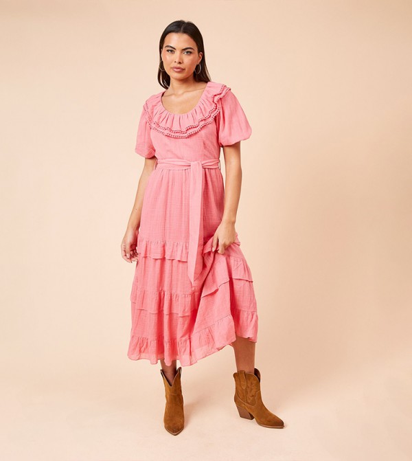 Scoop Neck Ruffle Tiered Midi Dress