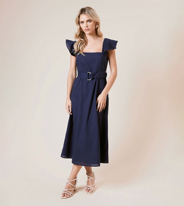 Petite Linen Belted Flutter Sleeves Midi Dress