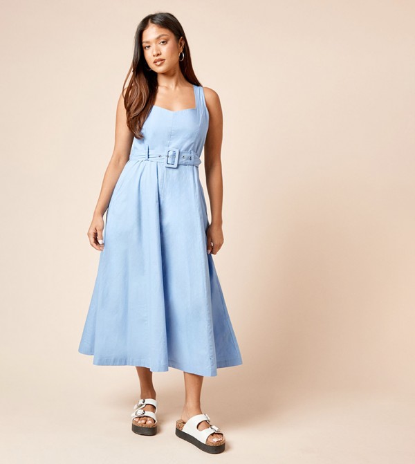 Petite Belted Sleeveless Seamed Midi Dress