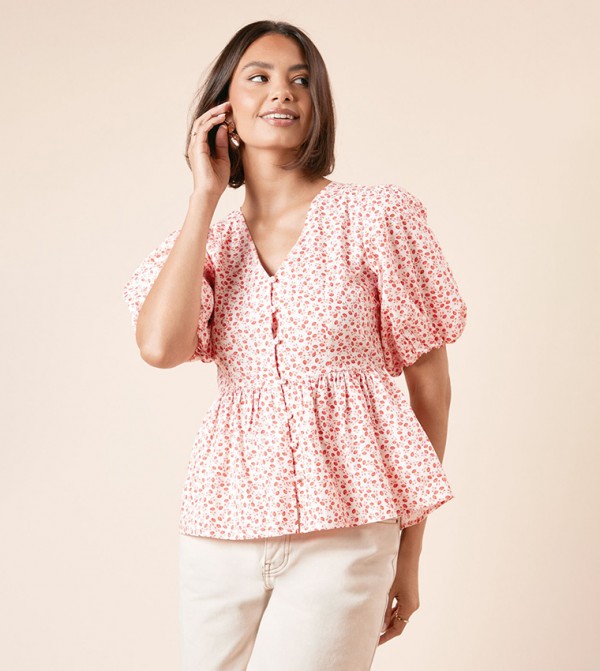 Floral Print V-Neck Peplum Top