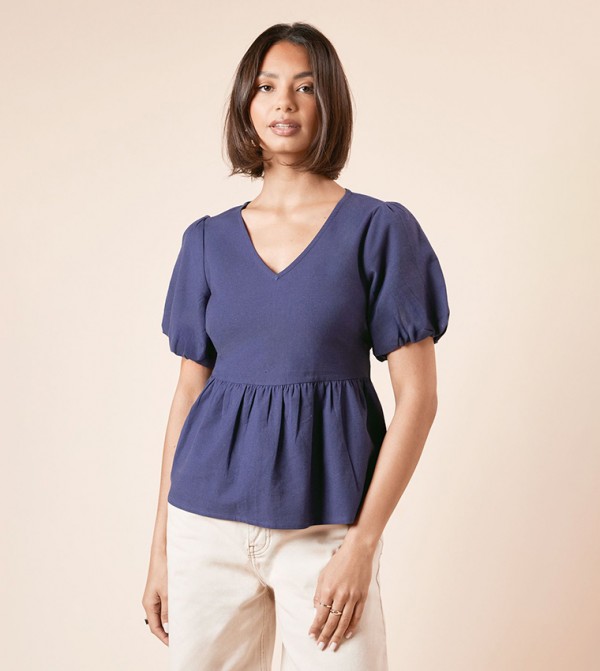 Solid Puff Sleeves Linen Top