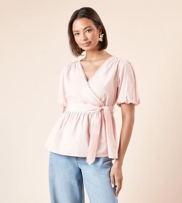 Scallop Trim Wrap Poplin Top
