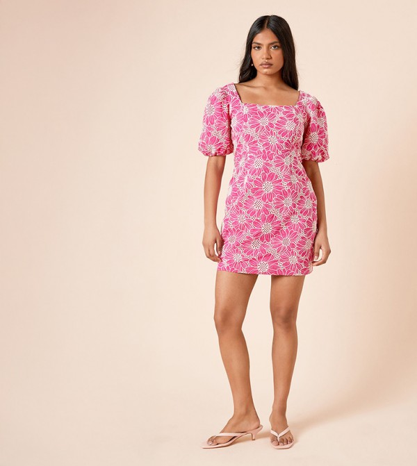 Petite Cutwork Floral Scalloped Edge Mini Dress