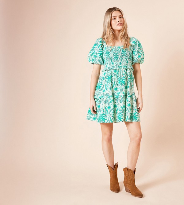 Palm Print Shirred Bodice Mini Dress