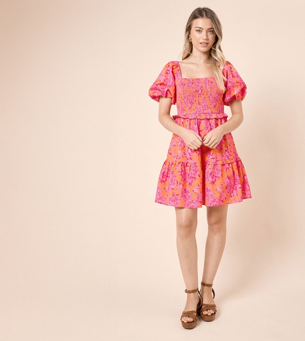Floral Print Shirred Bodice Mini Dress