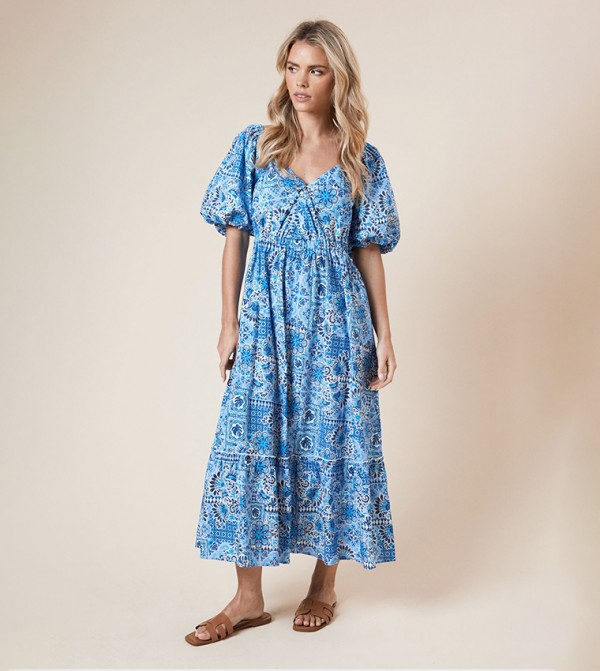 Petite Printed Poplin Twist Front Midi Dress