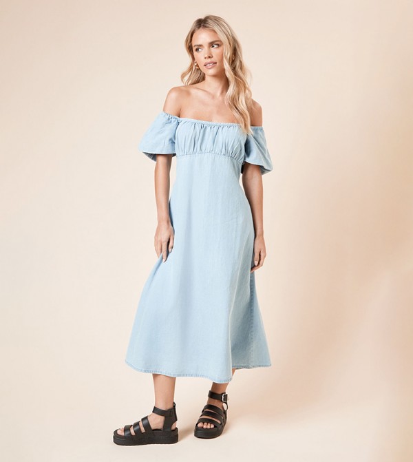 Petite Chambray Bust Detail Midi Dress