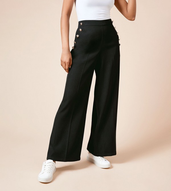 Petite Military Button Detail Wide Leg Trousers