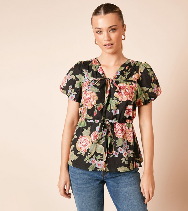 Floral Print Drawstring Detail Puff Sleeves Top