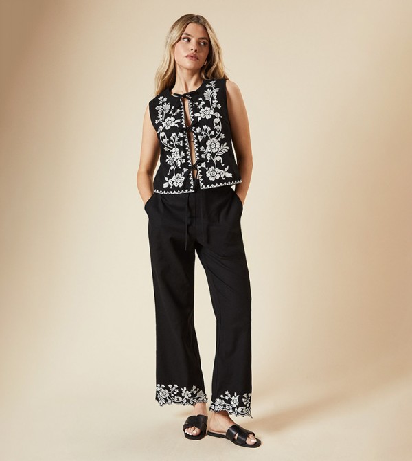 Embroidered Hem Straight Fit Trousers