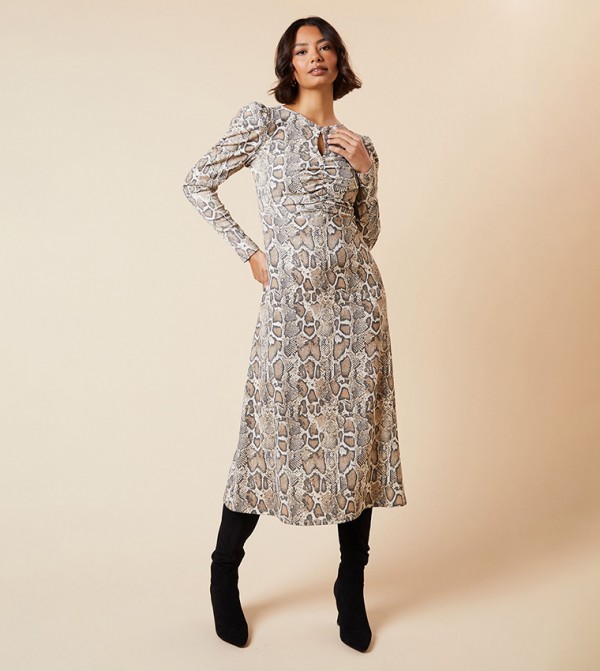 Snakeskin Print Keyhole Midi Dress