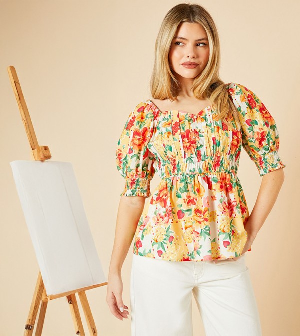 Floral Print Ruched Bodice Puff Sleeves Peplum Top