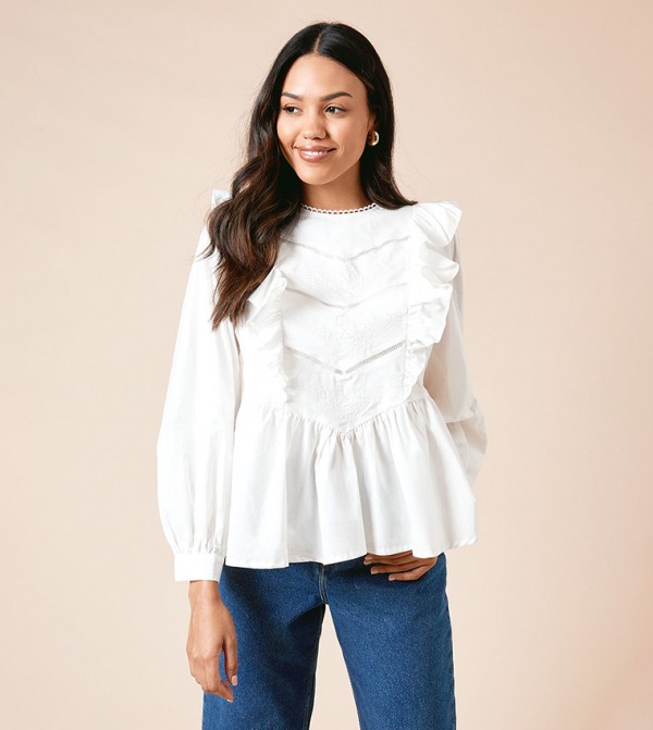 Embroidered Trim Balloon Sleeves Top