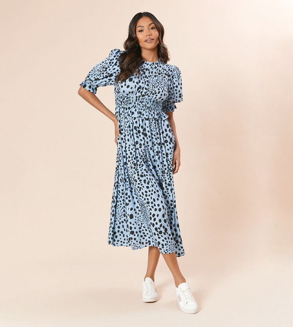 Animal Printed Smocked Puff Sleeves Midi Dress