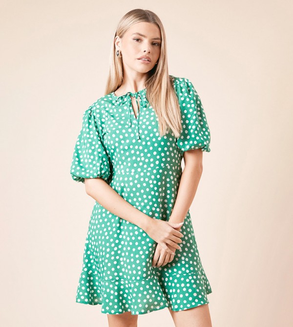 Polka Dots Puff Sleeves Mini Dress