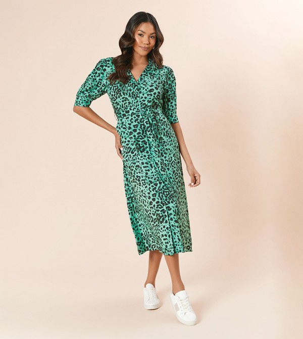 Animal Printed Belted Puff Sleeves Shirt Dress