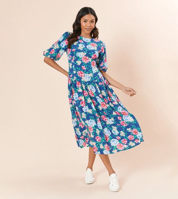 Floral Printed Puff Sleeves Midi Dress