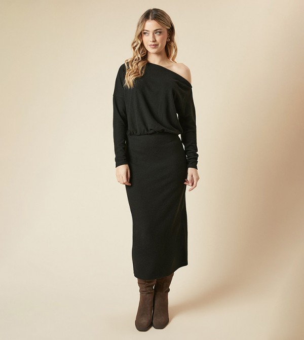 Brushed Slash Neck Midi Dress