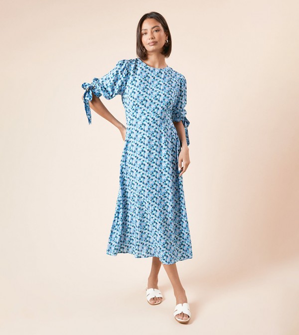 Floral Print Puff Sleeves Midi Dress